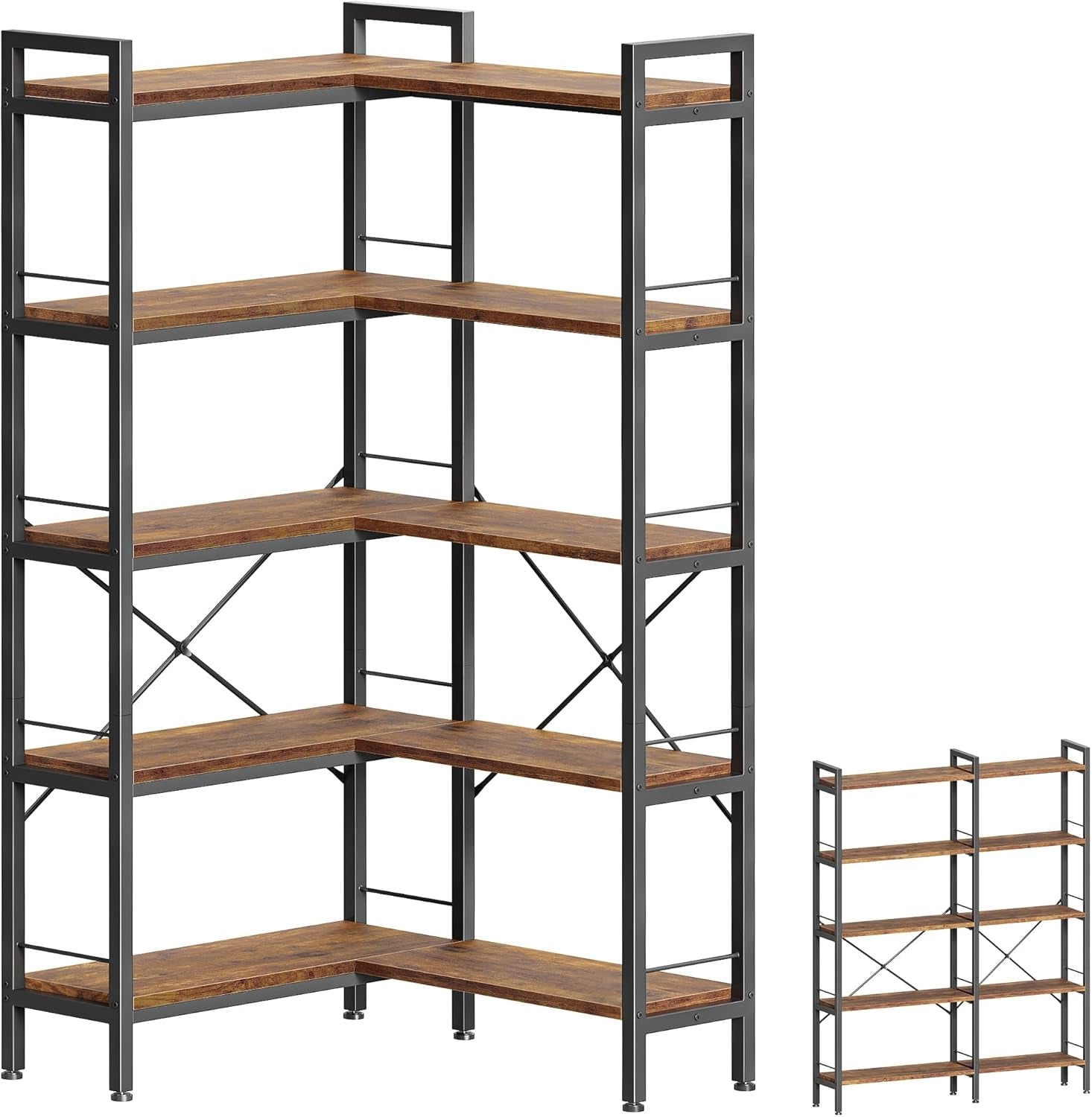 5 Tier Bookshelf, L Shaped Corner Bookshelf with 10 Open Shelves, 49.4 Inch Straight Wide Bookcase with Metal Frame and Wooden Board, Adjustable Feet, Rustic Brown