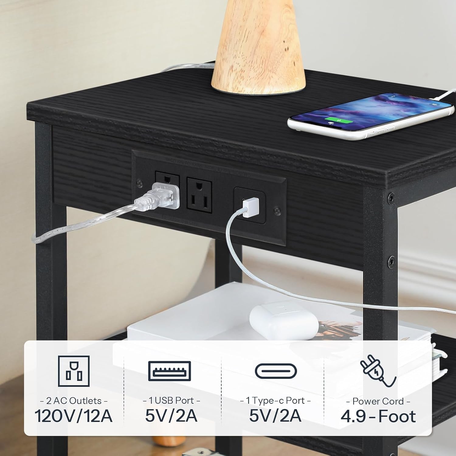 Side Table with Charging Station and USB Port, Small End Table for Small Space, 3-Tier Nightstand with Adjustable Shelf, for Living Room, Bedroom and Balcony, Black BB112BZ01