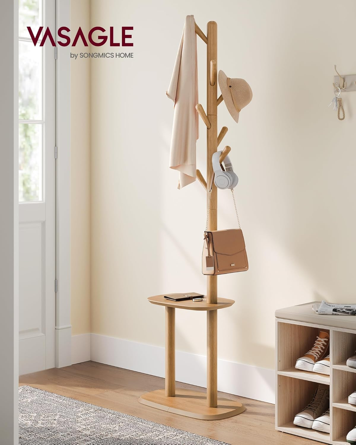Coat Rack, Free Standing Coat Stand, Hall Coat Tree with 8 Hooks and Storage Shelf, 67.2 Inch Tall, for Coats, Hats, Bags, for Entryway, Hallway, Bedroom, Natural Beige URCR040N02
