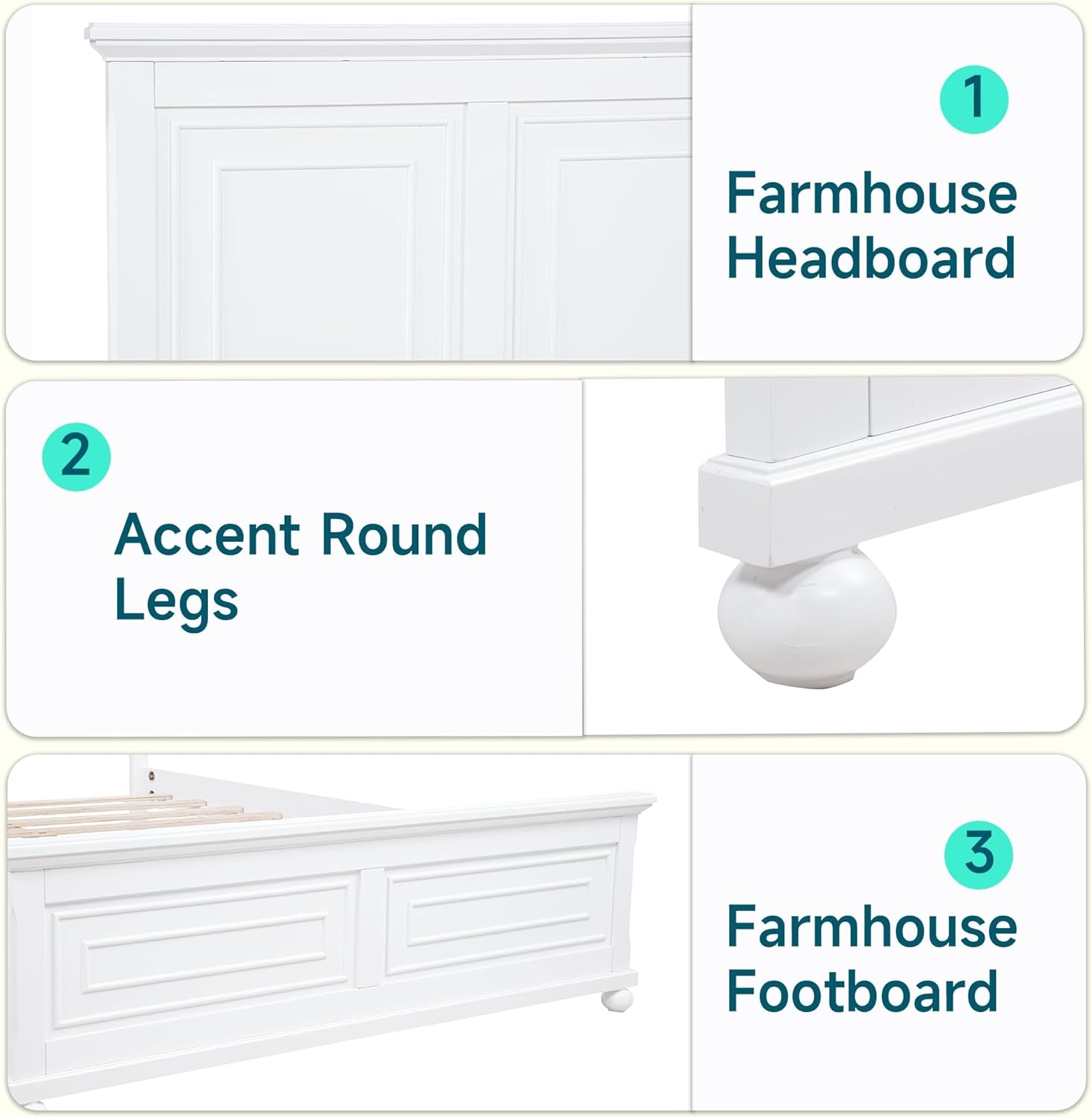 Farmhouse Queen Size Bed Frame with 52" Tall Headboard, Wood Platform Bed Frame with Footboard, Mid-Centery Queen Beds with Slats Support, No Box Spring Needed, White