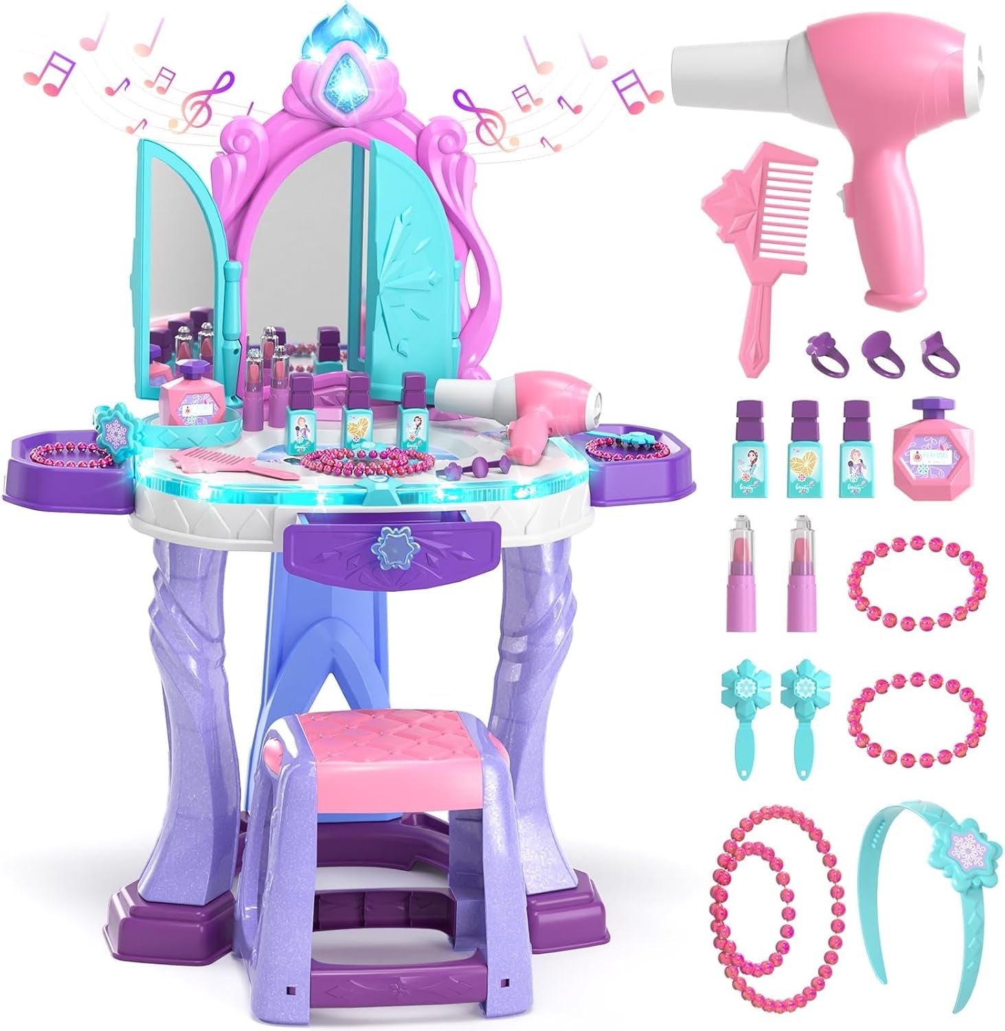 Kids Vanity Table and Chair Set, Girls Makeup Table with Mirror Stool Lights Music, Toddler Pretend Play Vanity Set for Princess Dress Up, Girl Toys Gifts for Age 3 4 5 Years Old