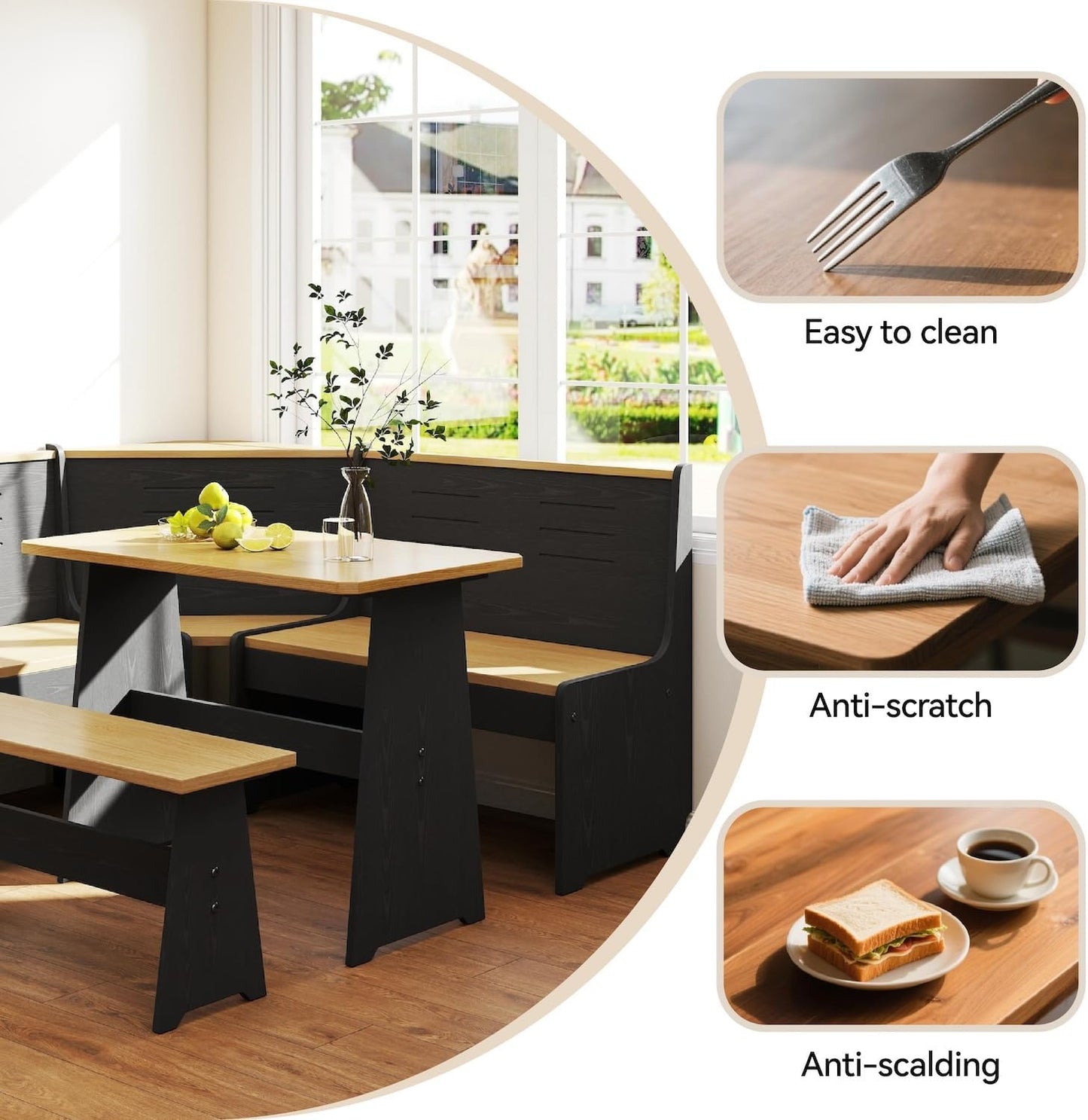 Breakfast Nook Corner Dining Table Kitchen Bench Chair Set, Space-Saving 3-5 People Seat Reversible L-Shape for Family Home Black Wood