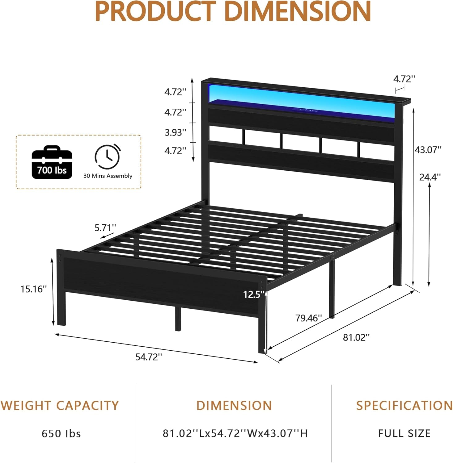 Full Size Bed Frame with LED Light and Charging Station, Wood Storage Headboard with 2-Tier Shelves, Metal Platform Bed with Heavy Duty Slats Support, No Box Spring Needed, Black Oak