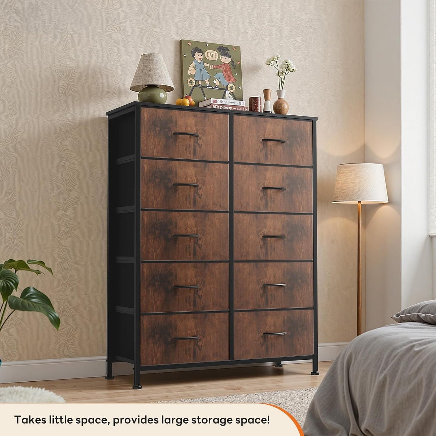 10 Drawer Fabric Dresser Storage Tower with Bins, Tall Chest Organizer for Bedroom Closet Hallway, Steel Frame Wood Top Easy Pull Handles,Black-Brown