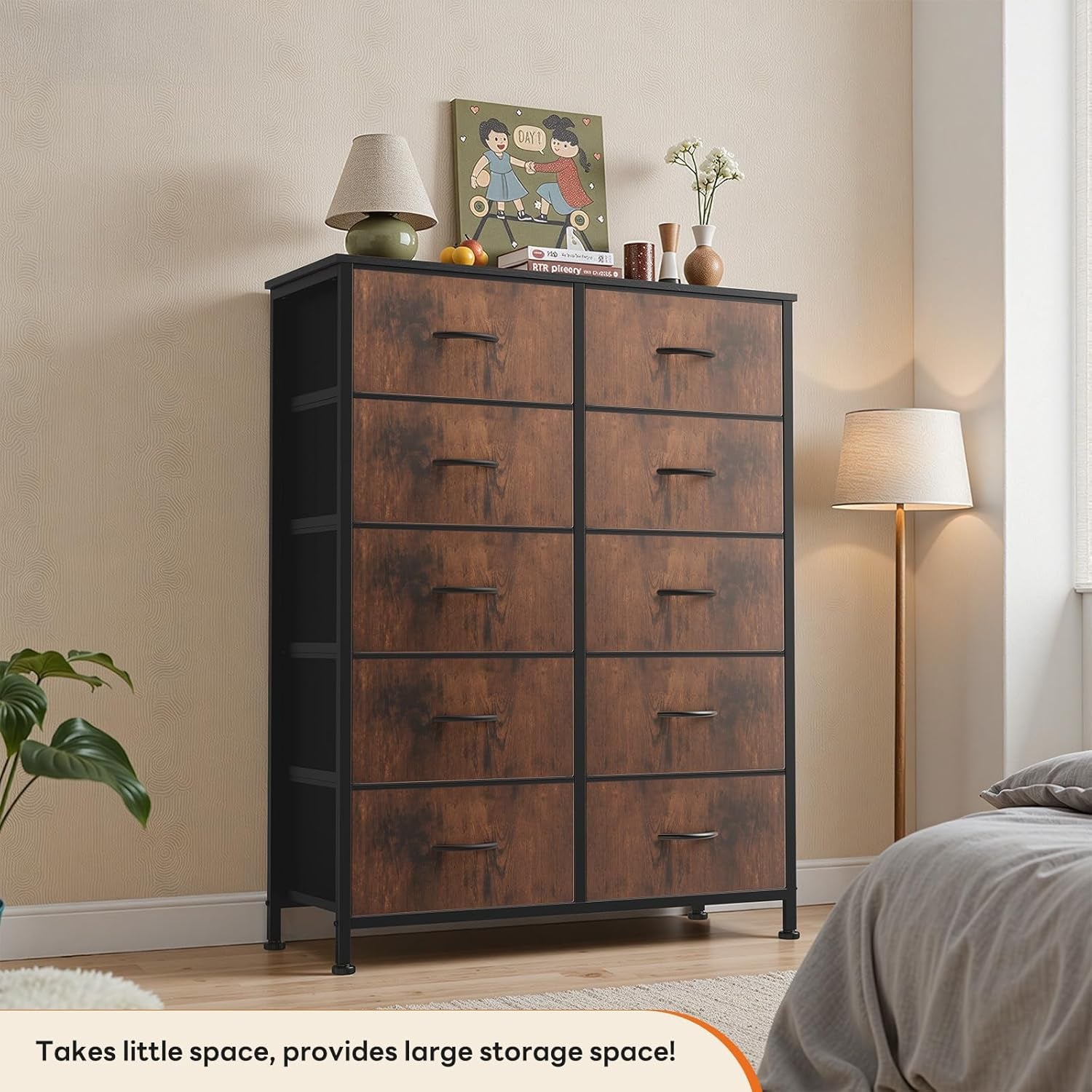 10 Drawer Fabric Dresser Storage Tower with Bins, Tall Chest Organizer for Bedroom Closet Hallway, Steel Frame Wood Top Easy Pull Handles,Black-Brown
