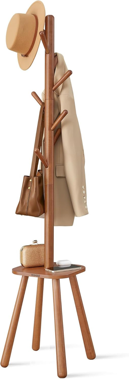 Coat Rack, Free Standing Coat Stand, Hall Coat Tree with 8 Hooks and Storage Shelf, 67.1 Inch Tall, for Coats, Hats, Bags, for Entryway, Hallway, Bedroom, Caramel Brown URCR033K01