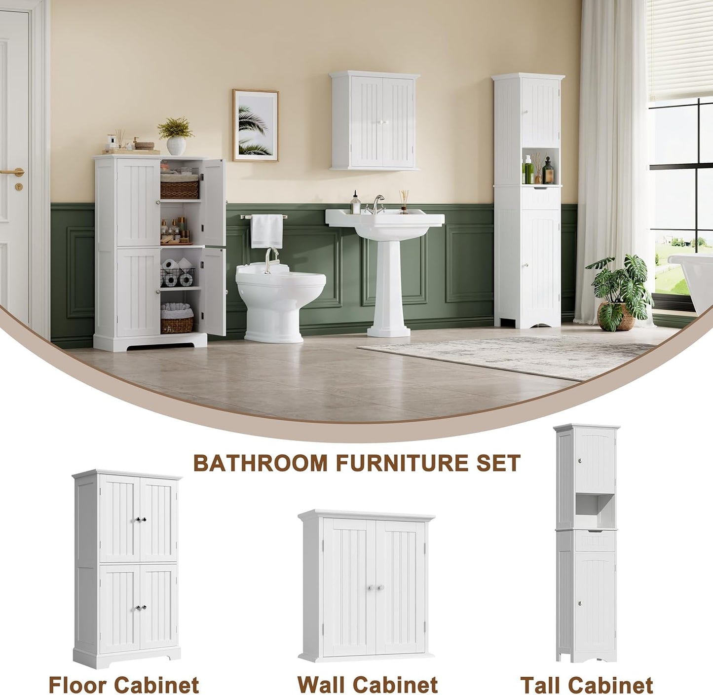 Bathroom Floor Cabinet, Modern Bathroom Storage Cabinet with 4 Doors and Adjustable Shelves, Freestanding Cupboard for Living Room, White