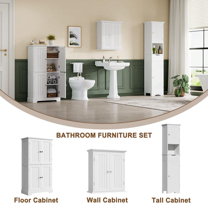 Bathroom Floor Cabinet, Modern Bathroom Storage Cabinet with 4 Doors and Adjustable Shelves, Freestanding Cupboard for Living Room, White