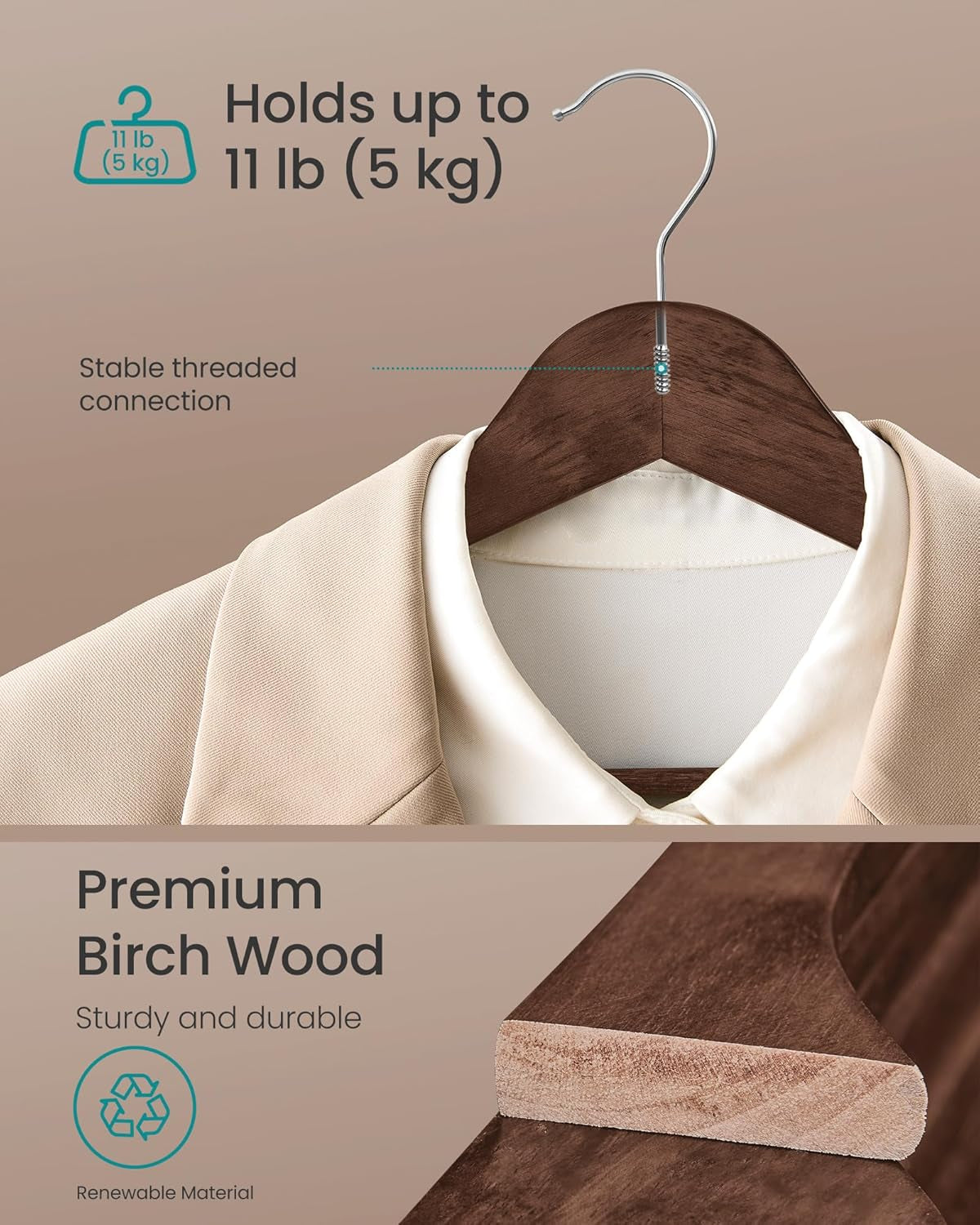 Wooden Hangers, Pack of 30, Coat Hangers, Pants Bar, 360° Swivel Hooks, Solid Birch Wood, Space Saving, for Jackets, Shirts, Coats, Walnut Brown UCRW030K02