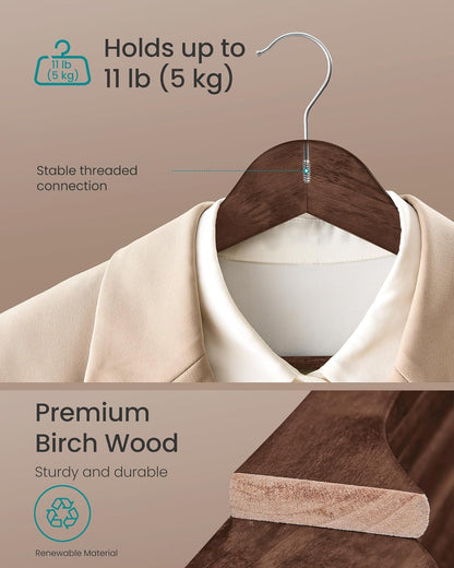 Wooden Hangers, Pack of 30, Coat Hangers, Pants Bar, 360° Swivel Hooks, Solid Birch Wood, Space Saving, for Jackets, Shirts, Coats, Walnut Brown UCRW030K02