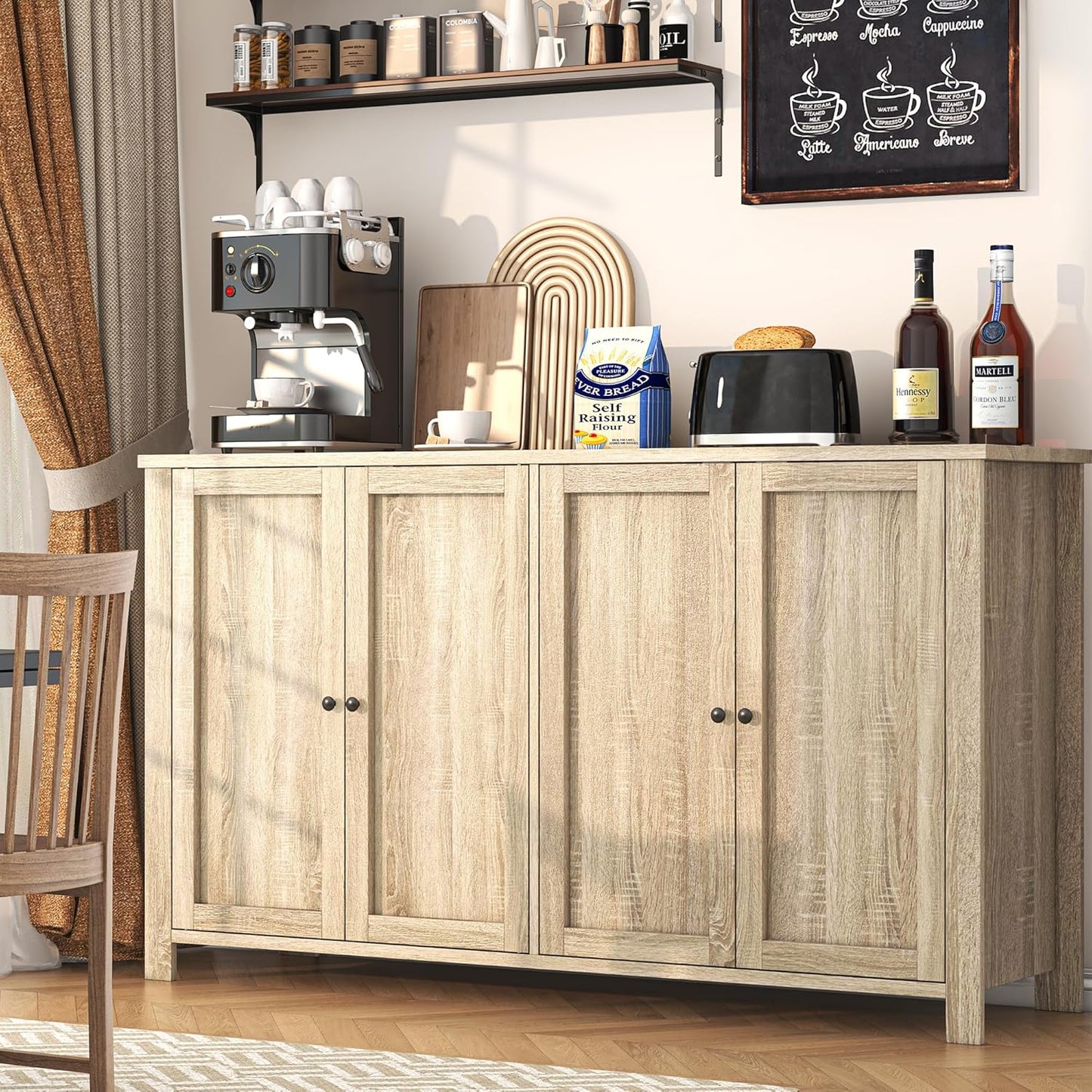 Buffet Cabinet with Storage Farmhouse Buffet Sideboard with 4 Doors, 55'' Large Kitchen Storage Cabinet Wood Coffee Bar Buffet Table for Kitchen, Dining Room, Entryway