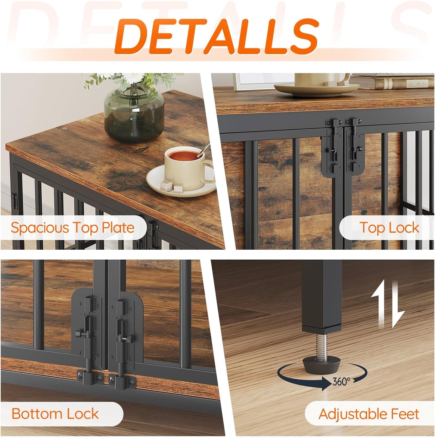 46.5" Large Dog Crate Furniture, Wooden Dog Kennel Indoor, Heavy Duty Dog Cage for Large/Medium Dog, Decorative Side End Table, Rustic Brown and Black BF120GW03