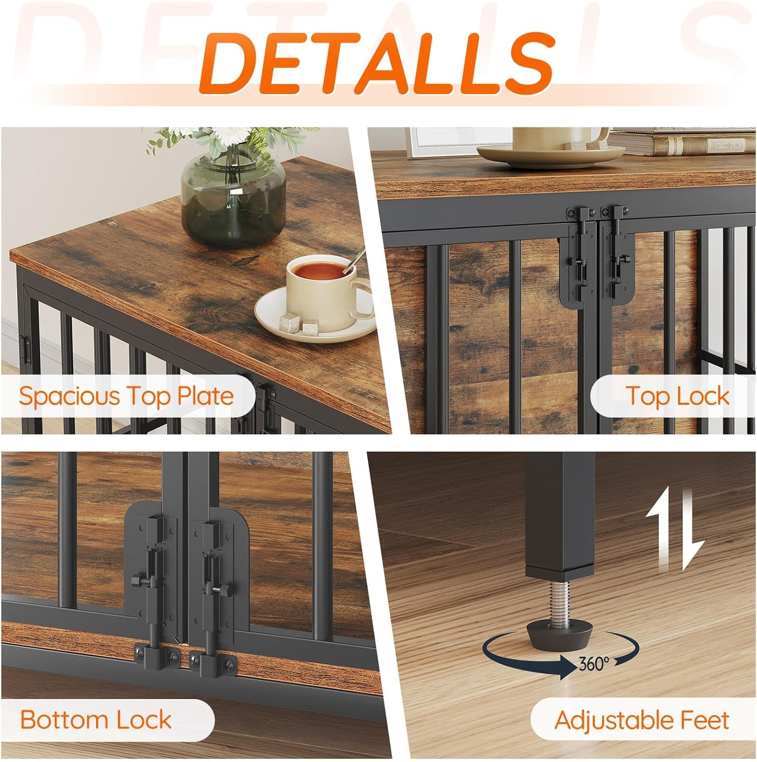 46.5" Large Dog Crate Furniture, Wooden Dog Kennel Indoor, Heavy Duty Dog Cage for Large/Medium Dog, Decorative Side End Table, Rustic Brown and Black BF120GW03