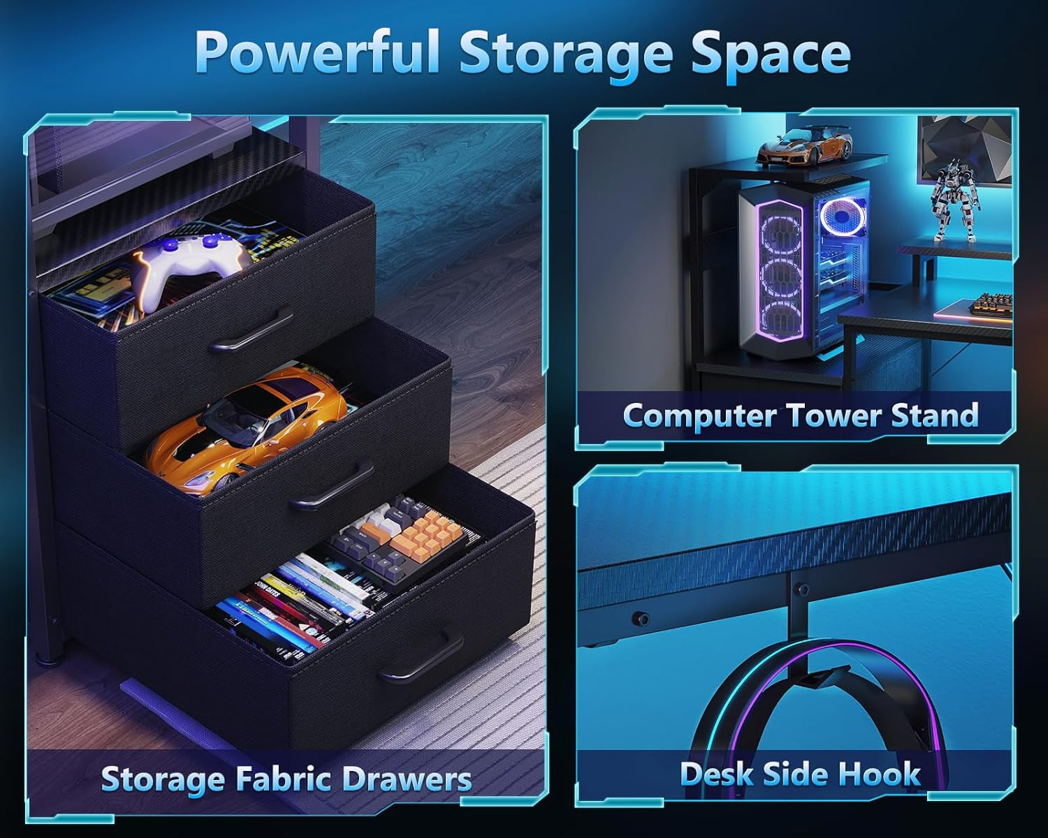 59 Inch Gaming Desk with USB Charging Ports & LED Light- Reversible Computer Desk with Storage Shelves & Monitor Stand, Modern Gamer Desk Table with Fabric Drawers & Side Hook, Carbon Fiber Black