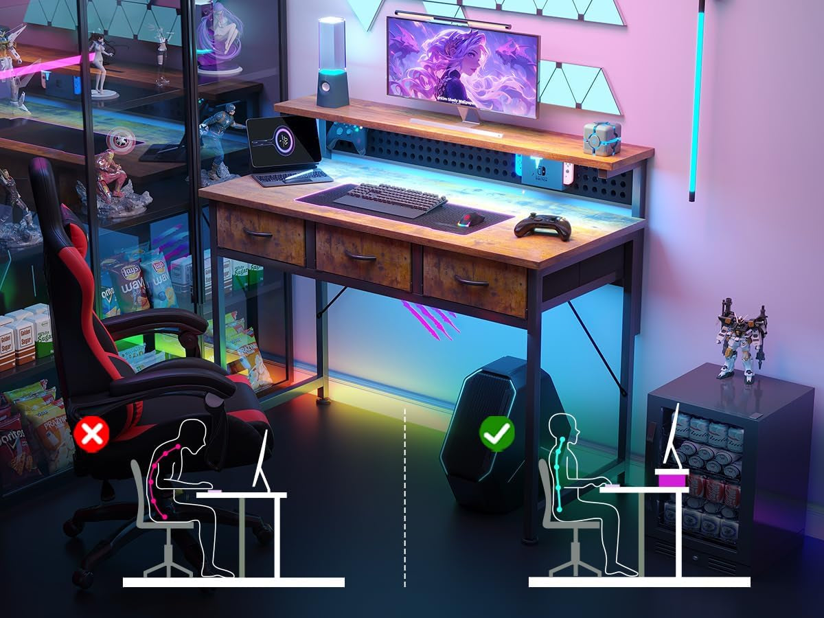 Computer Desk with Drawers, 40 Inch Computer Desk with Power Outlet & LED Light, Gaming Desk with Adjustable Monitor Stand & Pegboard, Modern PC Study Writing Table for Bedroom, Rustic Brown
