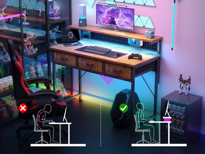 Computer Desk with Drawers, 40 Inch Computer Desk with Power Outlet & LED Light, Gaming Desk with Adjustable Monitor Stand & Pegboard, Modern PC Study Writing Table for Bedroom, Rustic Brown