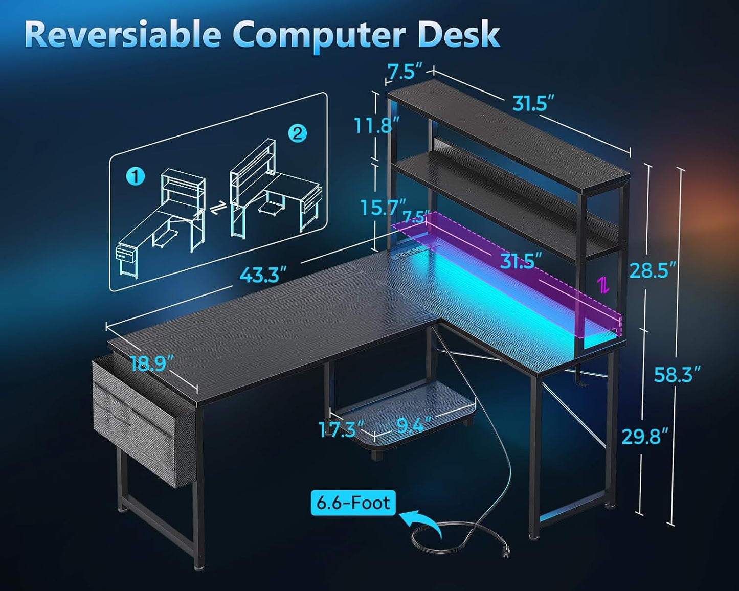 Gaming Desk with Power Outlets & LED Lights, 43 Inch Reversible L Shaped Computer Desk with Shelves & Storage Bag, Corner Desk for Home Office, Black