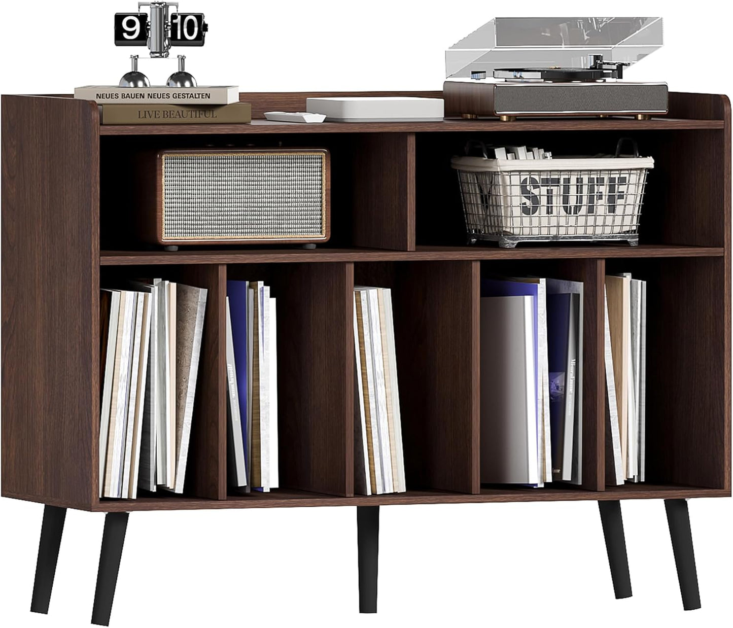 Record Player Stand, Turntable Stand with Vinyl Storage, Record Player Cabinet up to 350 Albums, Cube Storage Organizer for Living Room, Walnut