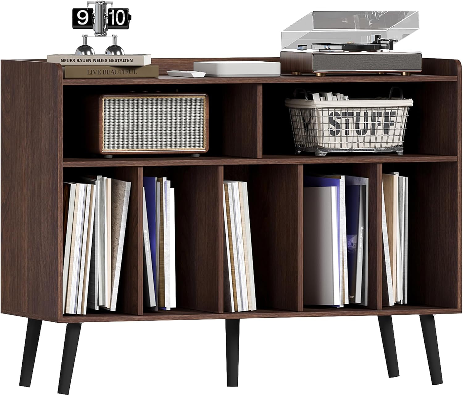 Record Player Stand, Turntable Stand with Vinyl Storage, Record Player Cabinet up to 350 Albums, Cube Storage Organizer for Living Room, Walnut