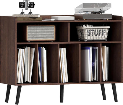 Record Player Stand, Turntable Stand with Vinyl Storage, Record Player Cabinet up to 350 Albums, Cube Storage Organizer for Living Room, Walnut