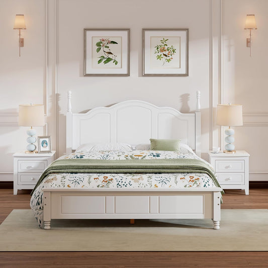Bedroom Set Furniture, 3-Pieces Bedroom Sets, Queen Size Wood Platform Bed and 2 Nightstands, White