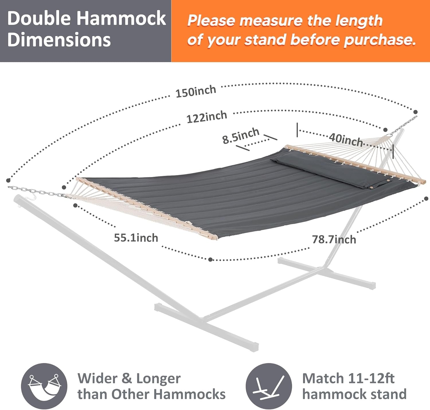 Portable Tree Hammock with Hardwood Spreader Bar, Extra Large Soft Pillow, Heavy Duty 2 Person Hammock for Indoor, Outdoor, Gray