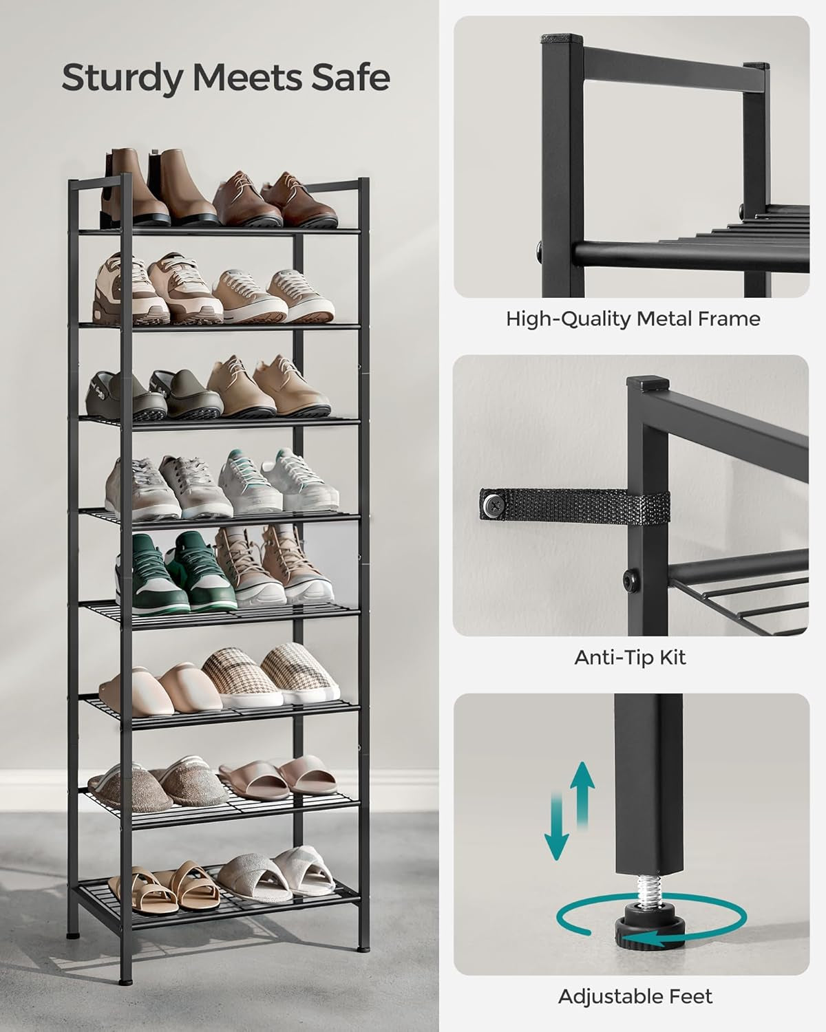 Narrow Shoe Rack, Sturdy 8 Tier Metal Tall Shoe Rack Shelf, Slim Shoe Storage Organizer for Closet Entryway Small Spaces, Vertical Shoe Stand Tower for 18 Pairs Shoes, Easy Assembly, Black