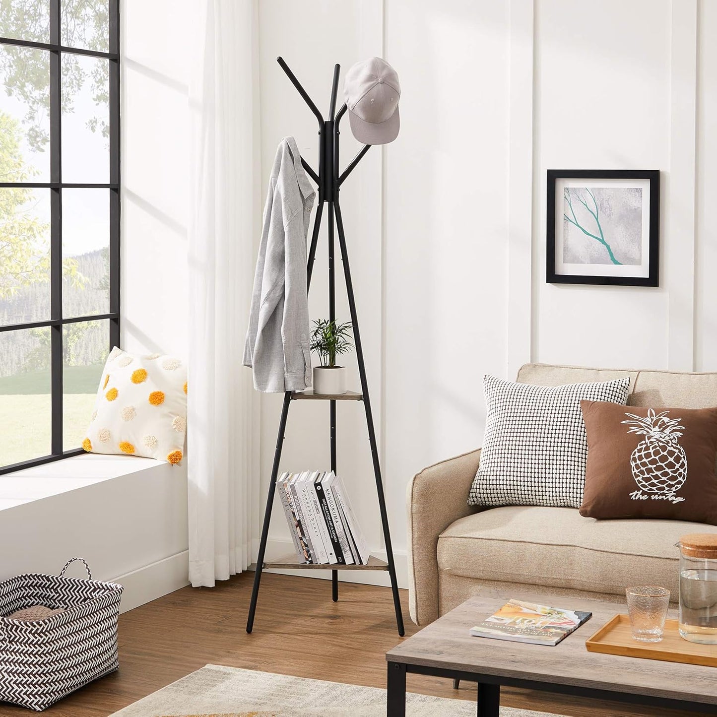 Coat Rack Freestanding, Coat Hanger Stand, Hall Tree with 2 Shelves, for Clothes, Hat, Bag, Industrial Style, Rustic Brown and Black URCR16BX