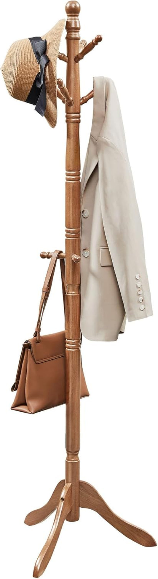Solid Wood Coat Rack and Stand, Free Standing Hall Coat Tree with 10 Hooks for Hats, Bags, Purses, for Entryway, Hallway, Rubberwood, Caramel Brown URCR03WN