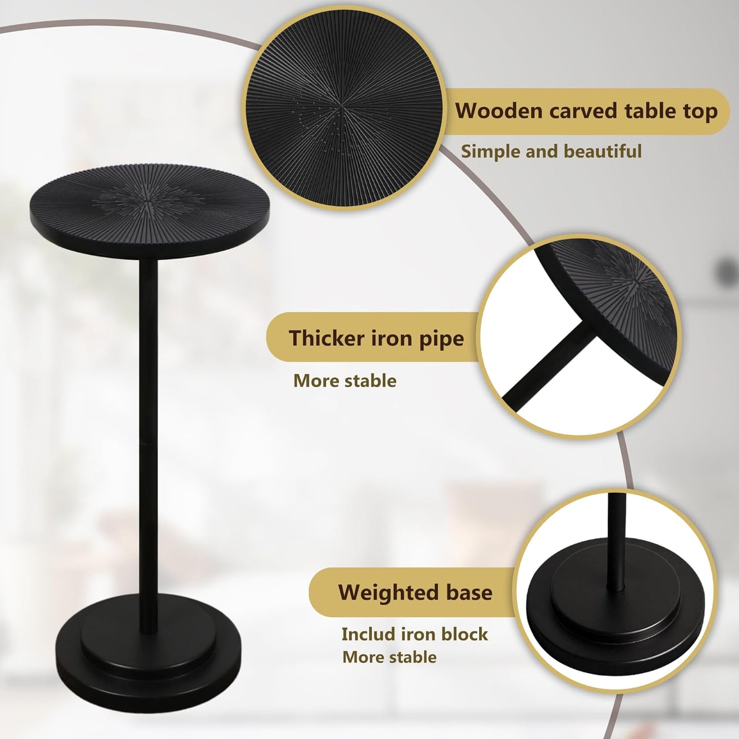 Drink Table, Carved Table Top Martini Table, Small Side Table, Weighted Base Pedestal Table for Living Room, Bedroom, Modern, Black, 1-Pack