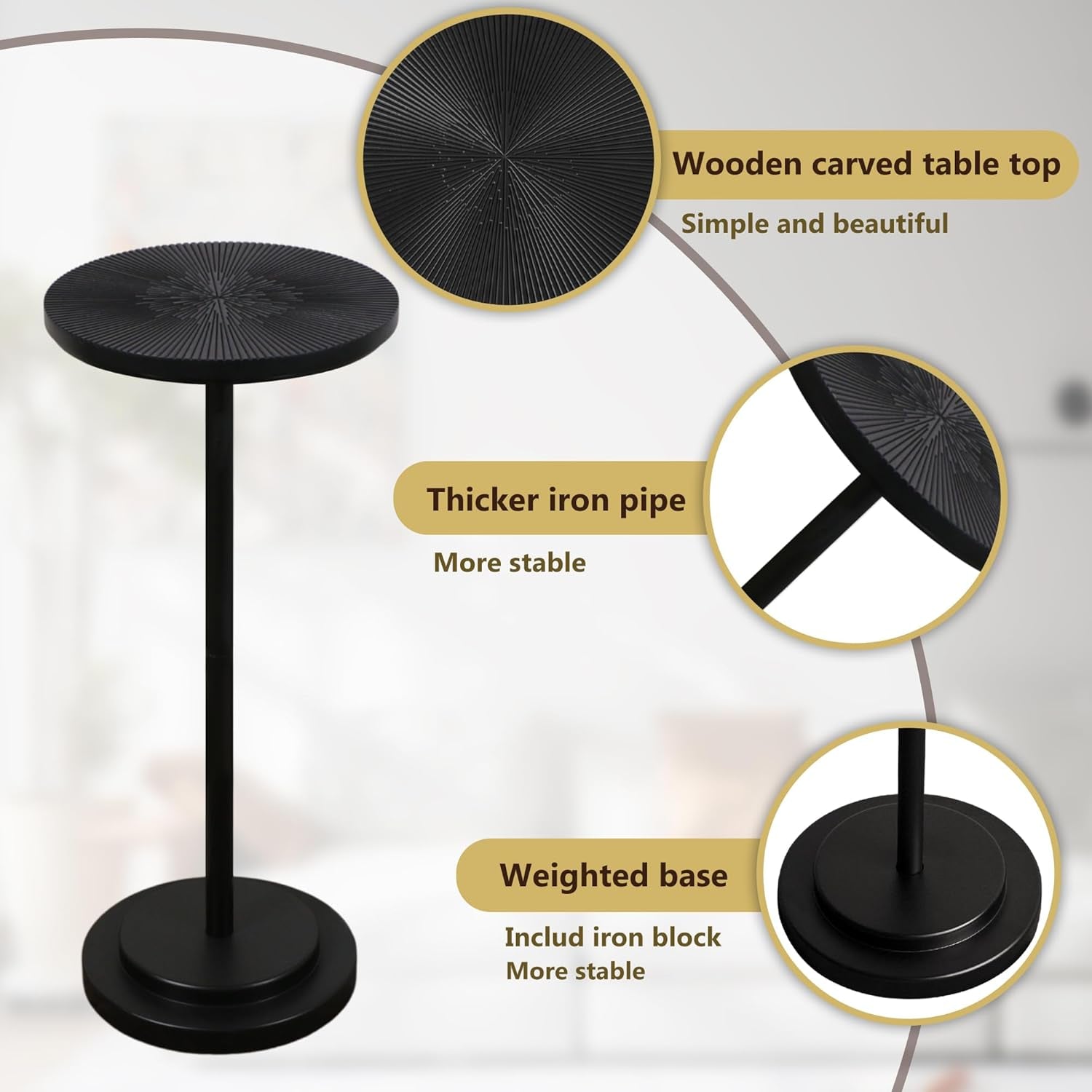 Drink Table, Carved Table Top Martini Table, Small Side Table, Weighted Base Pedestal Table for Living Room, Bedroom, Modern, Black, 1-Pack