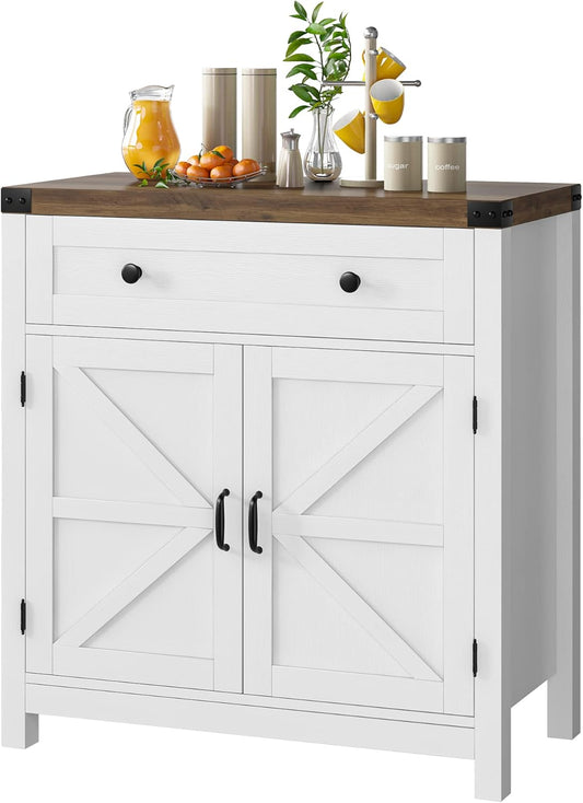 Coffee Bar Cabinet, Kitchen Storage Cabinet, Modern Farmhouse Buffet Sideboard with Drawer and Adjustable Shelf, Barn Door Accent Cabinets for Kitchen, Dining Room, Entryway, White