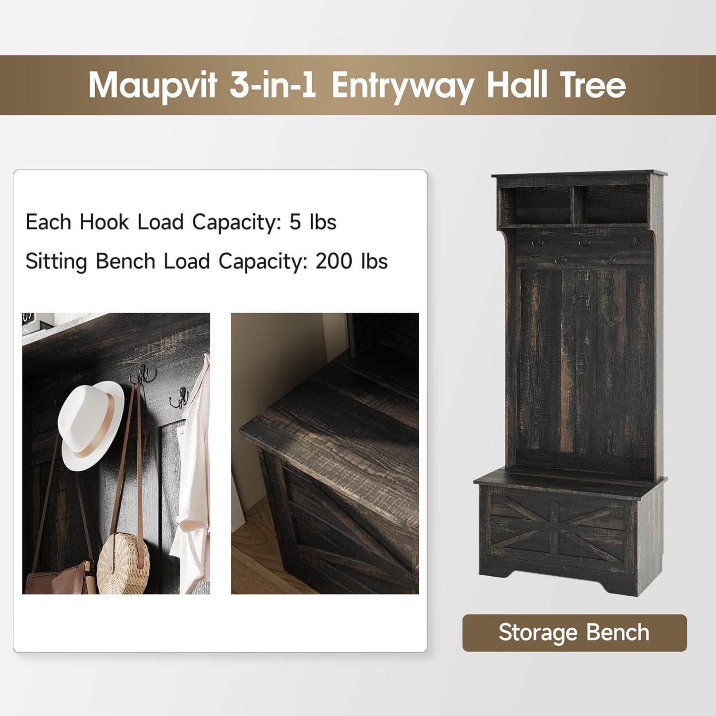 4-In-1 Hall Tree with Storage Bench, 71" Entryway Bench with Coat Rack & Storage Cabinet, Mud Room Organization with Seating, 5 Hooks, Retro Accent Coat Tree for Living Room, Rustic Dark Brown