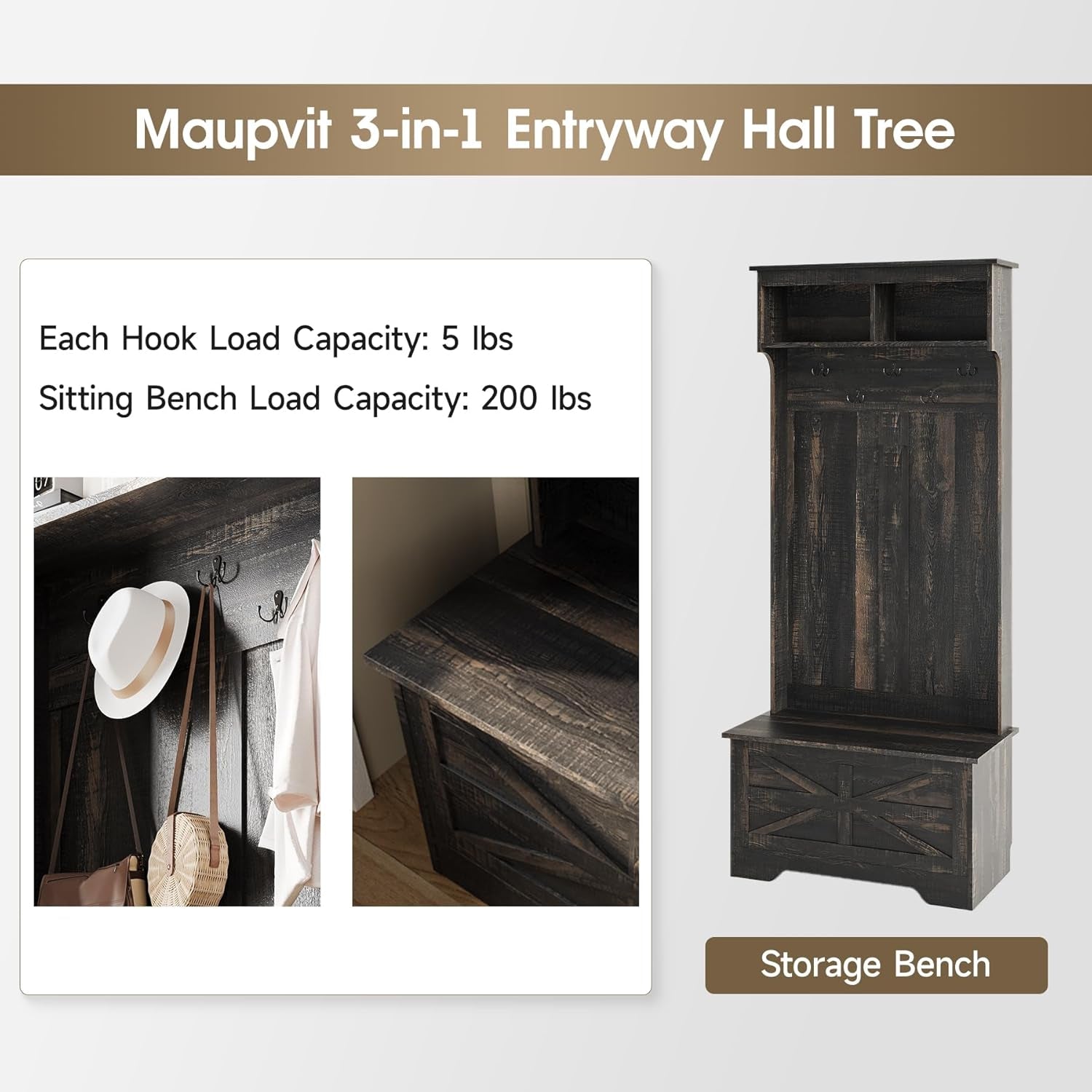 4-In-1 Hall Tree with Storage Bench, 71" Entryway Bench with Coat Rack & Storage Cabinet, Mud Room Organization with Seating, 5 Hooks, Retro Accent Coat Tree for Living Room, Rustic Dark Brown