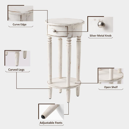 Tall End Table with Drawer, 2-Tier Rustic round Side Table with 4 Wood Leg, White Nightstand with Hand-Painted Finish, Small Accent Table for Living Room, Bedroom, Distressed Off-White