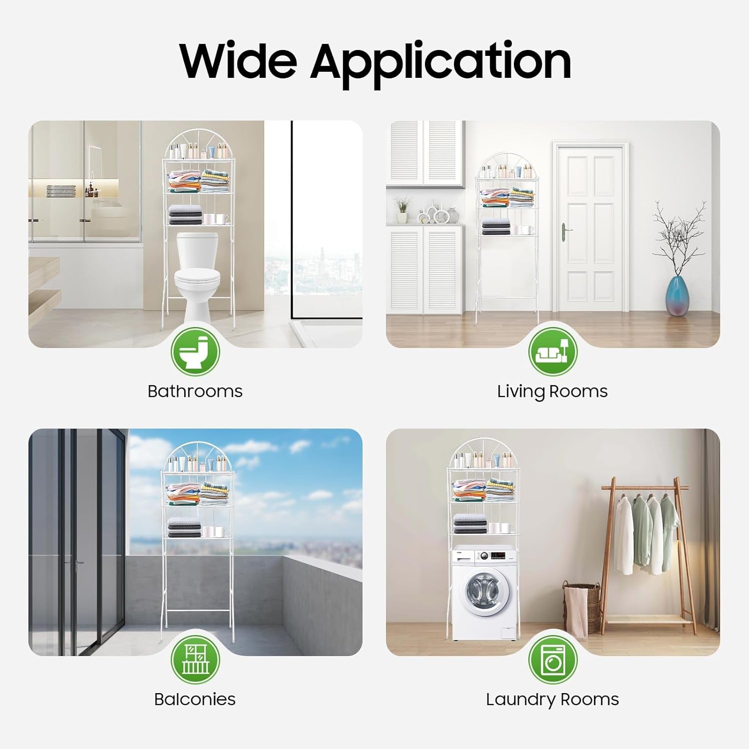 Over Toilet Storage Organizer - 3-Tier Bathroom Shelf Unit with 35.4" Clearance, 55Lb Capacity, White Freestanding Metal Rack for Toiletries & Towels