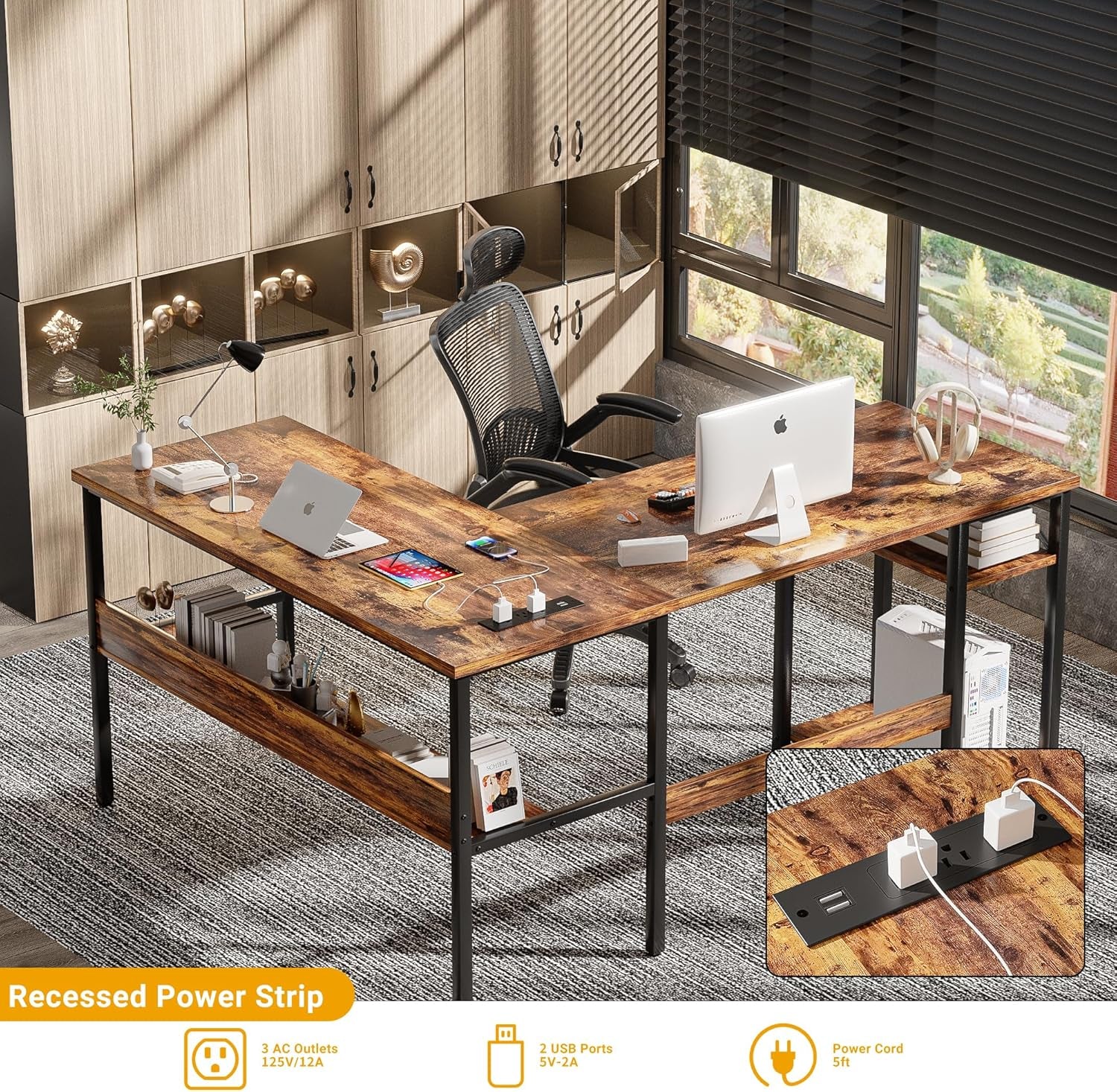 L Shaped Computer Desk with Magic Power Outlets and USB Charging Port, Sturdy Reversible Corner Desk with Storage Shelves, Modern Work Desk for Home Office, Easy to Assemble, Rustic Brown