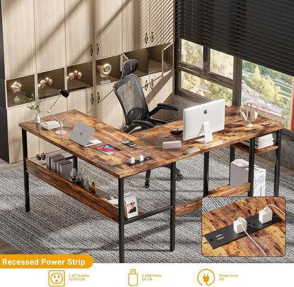 L Shaped Computer Desk with Magic Power Outlets and USB Charging Port, Sturdy Reversible Corner Desk with Storage Shelves, Modern Work Desk for Home Office, Easy to Assemble, Rustic Brown