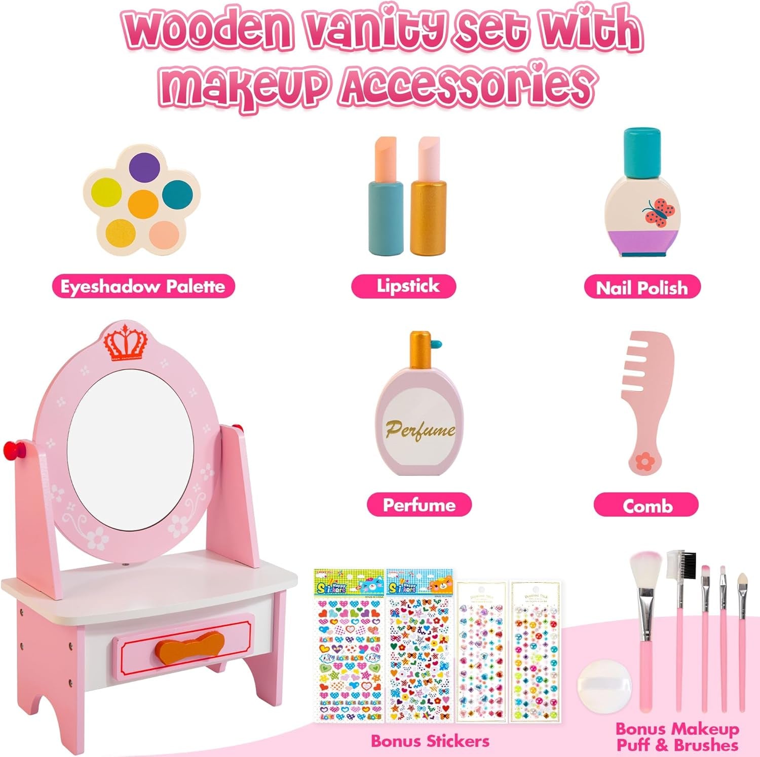 Wooden Vanity Set for Kids, Pretend Play Toddler Makeup Vanity with Acrylic Mirror, Beauty Salon Play Set for Little Girls Age 3+, Toys Gifts Includes Makeup Accessories and Bonus Stickers
