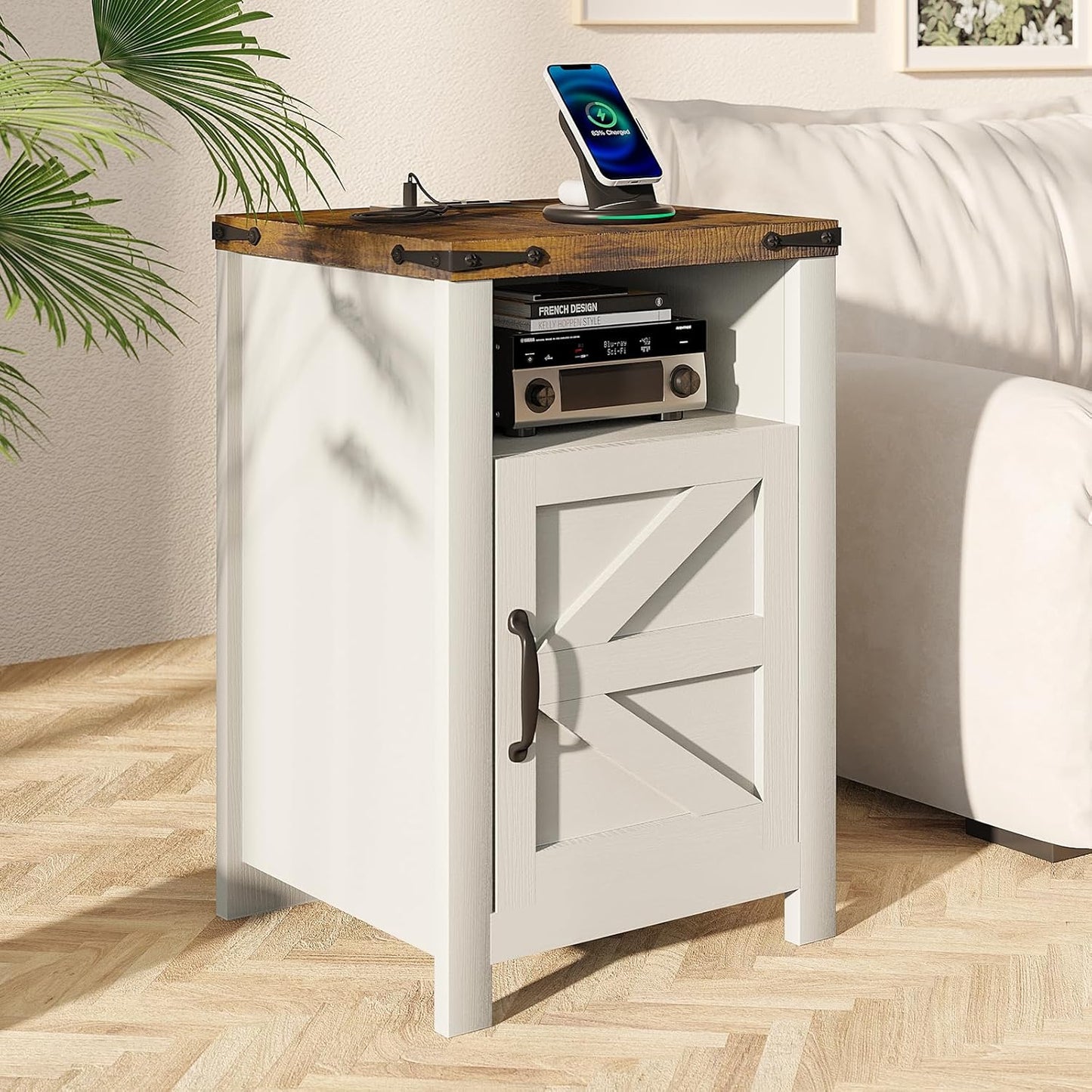 Farmhouse Nightstands with Charging Station, End Tables Set of 2 with Barn Door, Sofa Side Table with Storage Space for Bedroom, Living Room (White)