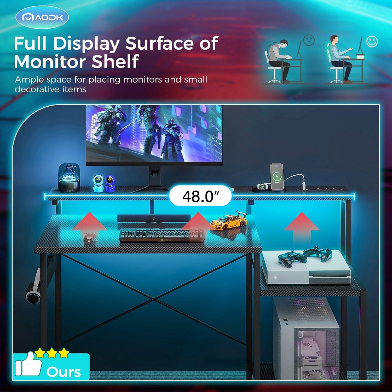 Computer Desk, 48 Inch Gaming Desk with Led Lights & Power Outlet, Office Desk with Storage Shelves, Reversible Desk with Monitor Shelf & Headphone Hook, Carbon Fiber Black