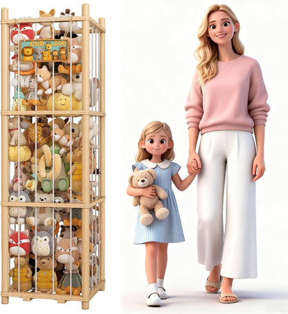 Wooden Stuffed Animals Storage Tower, Vertical Stuffy Animal Zoo Organizer with Nameplate, Large Stuffed Animal Cage for Kids Room, Stuffy Storage Holder for Nursery and Playroom Natural Wood