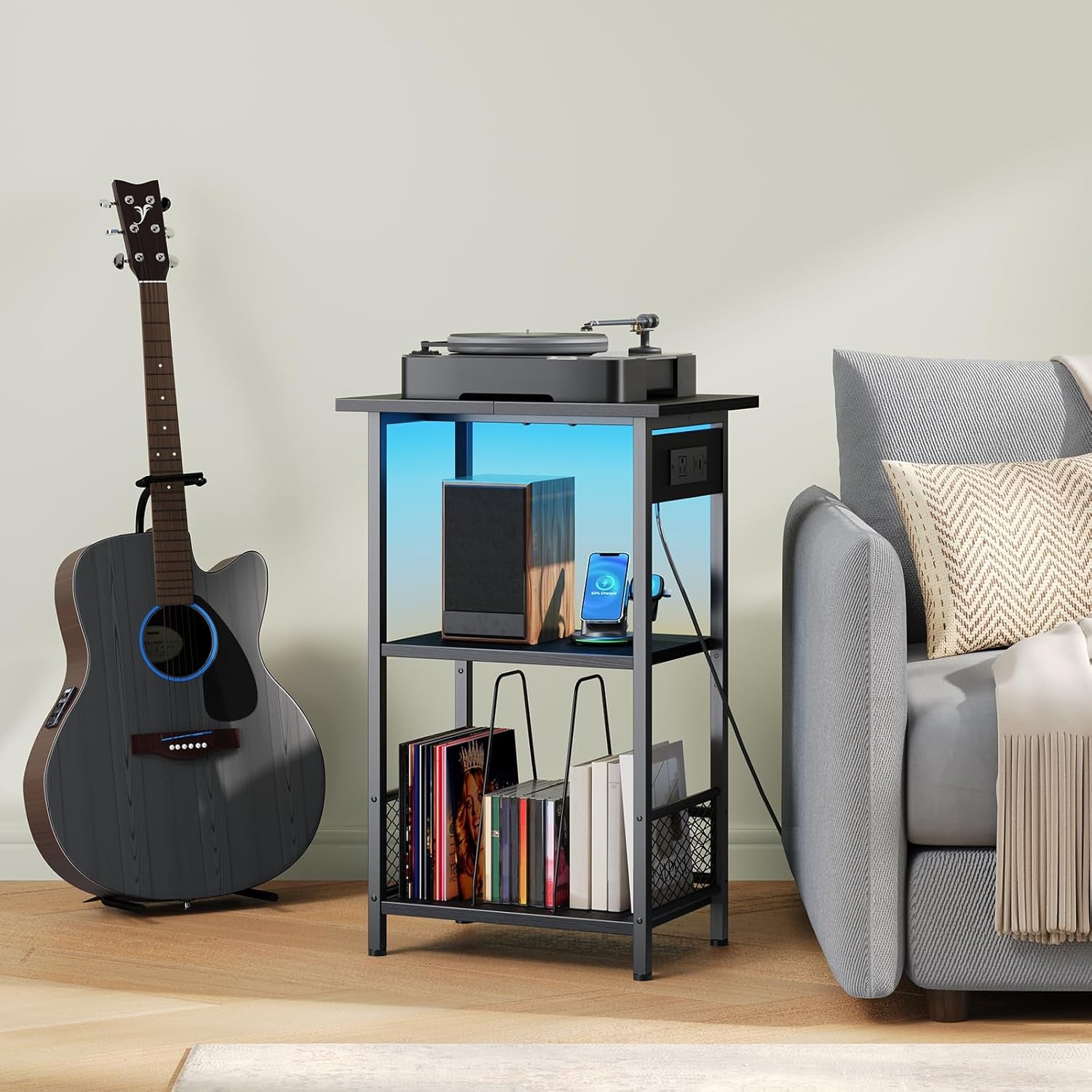 Record Player Stand with Charging Station and LED, Turntable Stand with Storage, 3 Tier End Table Hold up to 100 Albums, Record Table for Vinyl, Living Room, Black BB06UDRS01