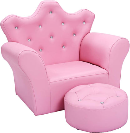 Kids Sofa, Children Upholstered Sofa with Ottoman, Princess Sofa with Diamond Decoration, Ottoman, Smooth PVC Leather Toddler Chair, Kids Pink Couch for Preschool Boys and Girls Gift (Pink)
