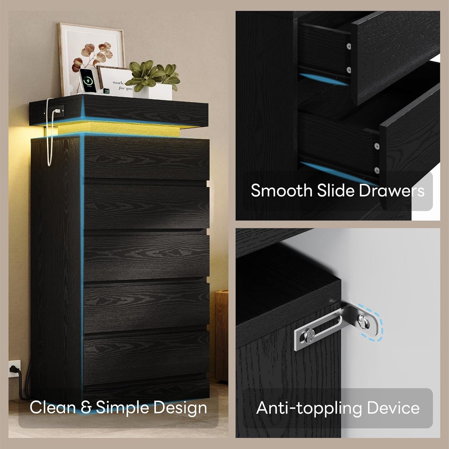 54" Tall 5 Drawer Dresser for Bedroom, Black Dresser with LED Light and Power Outlet, Wood Modern Chest of Drawers for Living Room, Entryway, Hallway