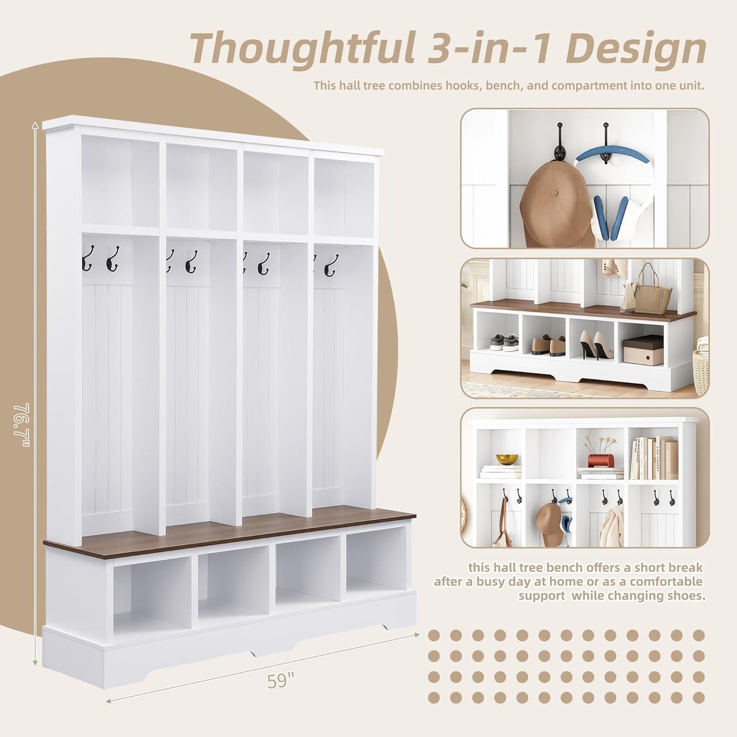 Farmhouse Hall Tree with 8 Hooks,Entryway Cabinet W/Bench,Multi-Functional Coat Rack W/4 Storage Unit and 4 Shoe Cabinet,Entryway Cabinets for Hallway,Living Room,Mudroom,White