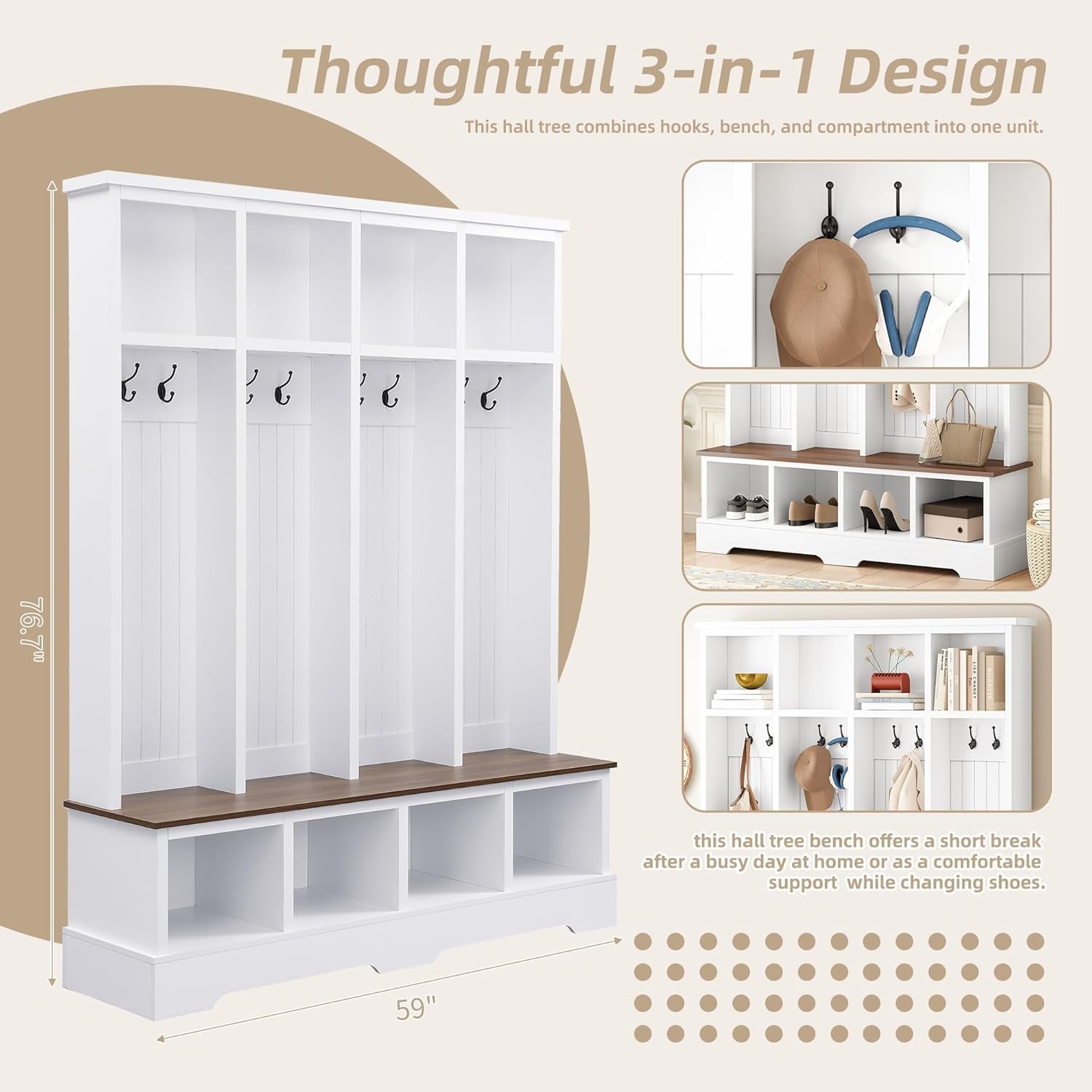 Farmhouse Hall Tree with 8 Hooks,Entryway Cabinet W/Bench,Multi-Functional Coat Rack W/4 Storage Unit and 4 Shoe Cabinet,Entryway Cabinets for Hallway,Living Room,Mudroom,White