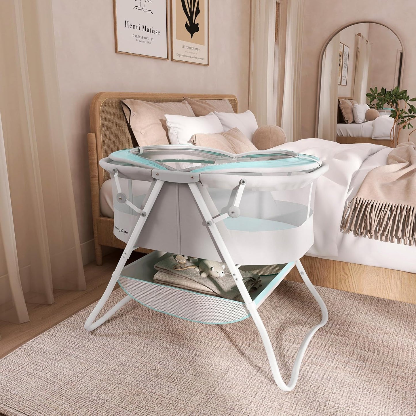 Karley Bassinet, Award Winner Lightweight Travel Baby Bassinet, Foldable Bedside Sleeper, Adjustable Double Canopy, Spacious Design, Soft Fabric, Storage Basket – Blue and Grey