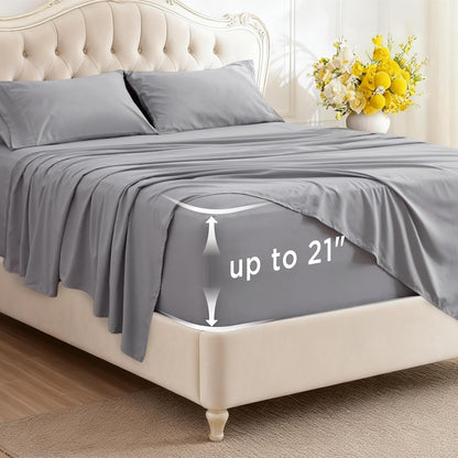 Deep Pocket Queen Sheets Set - Fits Mattresses up to 21 Inches Thick - 4 Piece Gentlesoft Bed Sheets, Moisture Wicking, Soft & Cooling Bedsheet & Pillowcases, Easy & Secure Fit, Light Grey