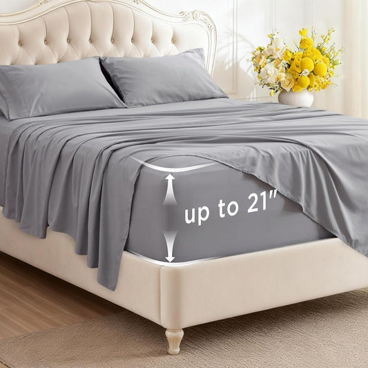 Deep Pocket Queen Sheets Set - Fits Mattresses up to 21 Inches Thick - 4 Piece Gentlesoft Bed Sheets, Moisture Wicking, Soft & Cooling Bedsheet & Pillowcases, Easy & Secure Fit, Light Grey